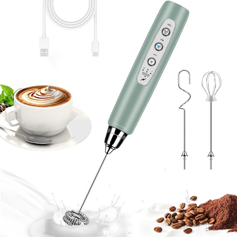 BSRGMS Milk Frother Handheld for Coffee, Electric Whisk 3 Speed Adjustable, Drink Mixer with Stainless 3 Whisks, Rechargeable Hand Frother Wand, Foam Maker for Latte Cappuccino Hot Chocolate Egg Green - Image 1